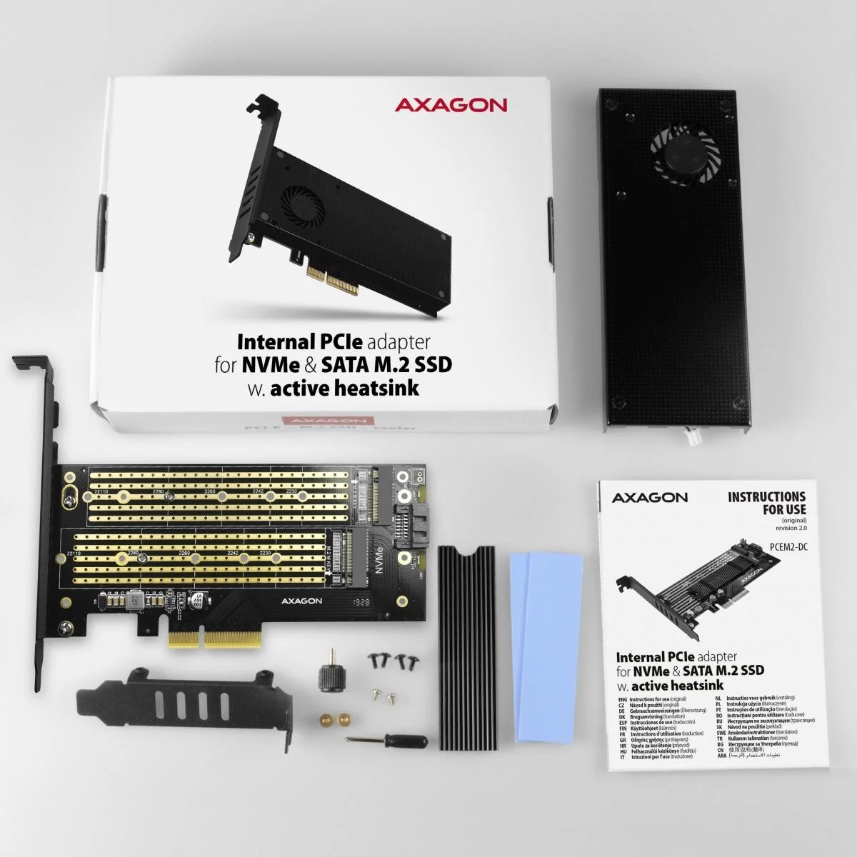 Adapter PCI-Express Axagon PCEM2-DC PCI-E x4 na M.2 NVMe z chłodzeniem - zawartość zestawu: