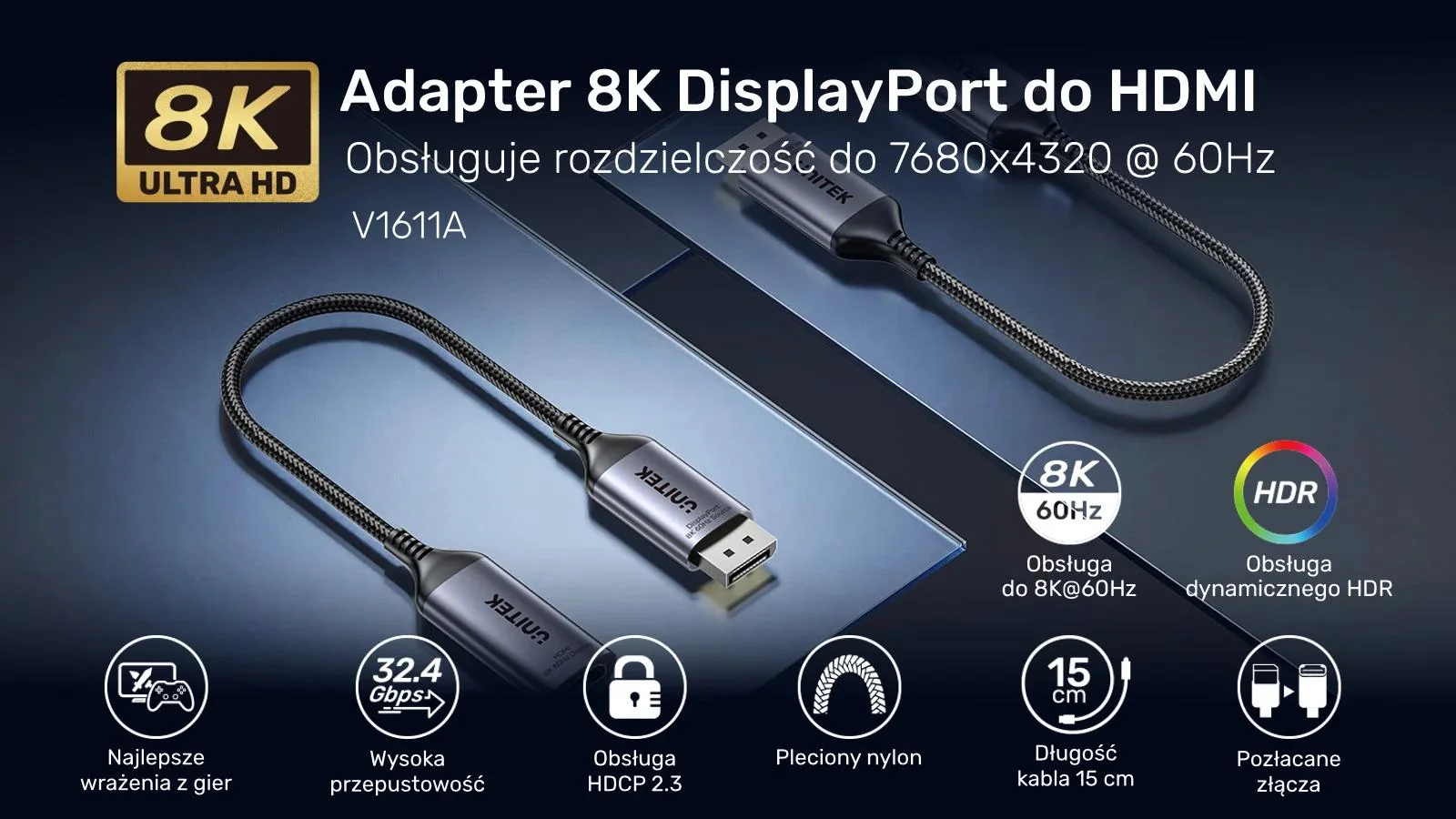 Adapter Unitek DisplayPort 1.4 na HDMI 2.1, 8K60Hz