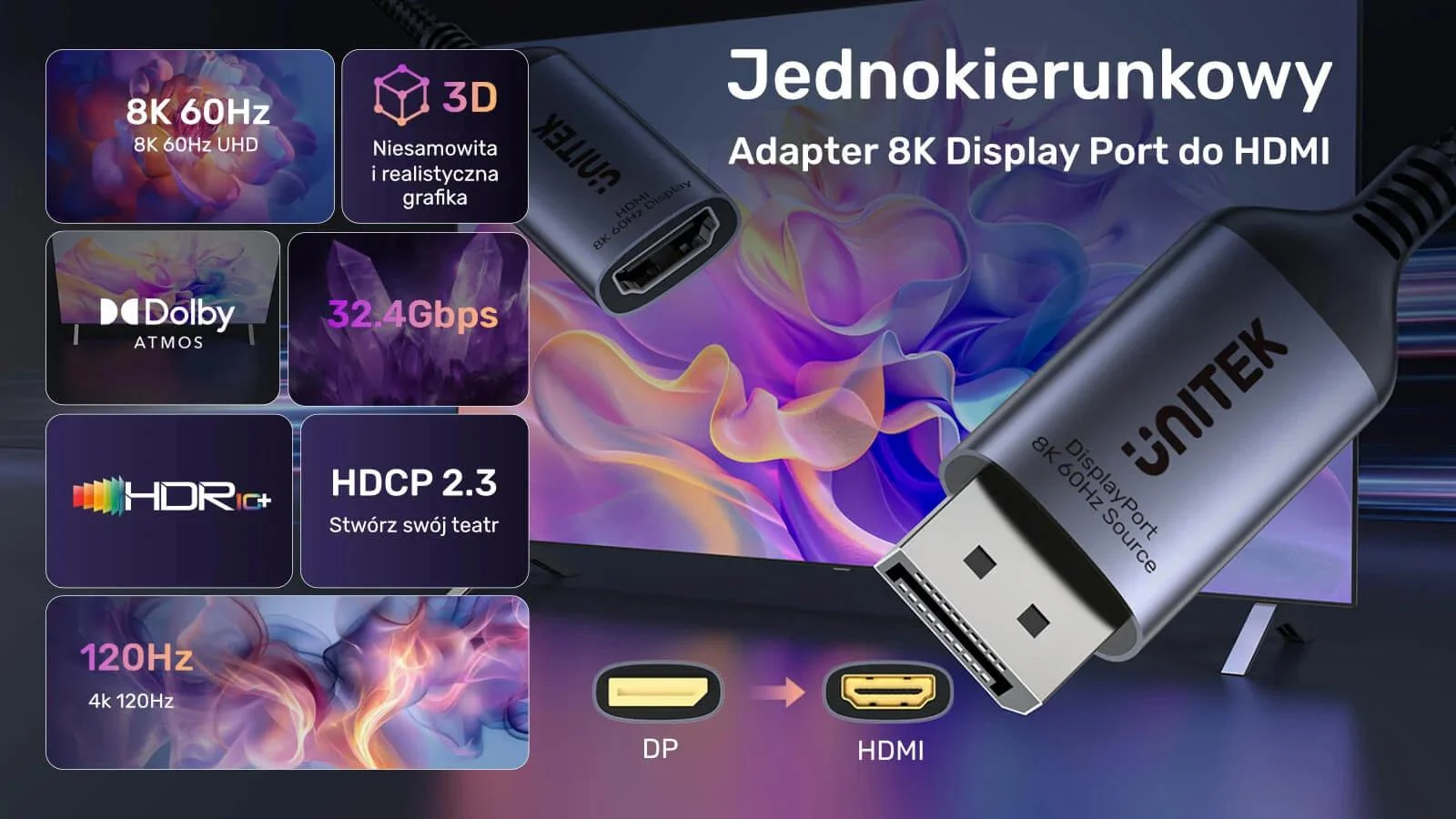 Adapter Unitek DisplayPort 1.4 na HDMI 2.1, 8K60Hz