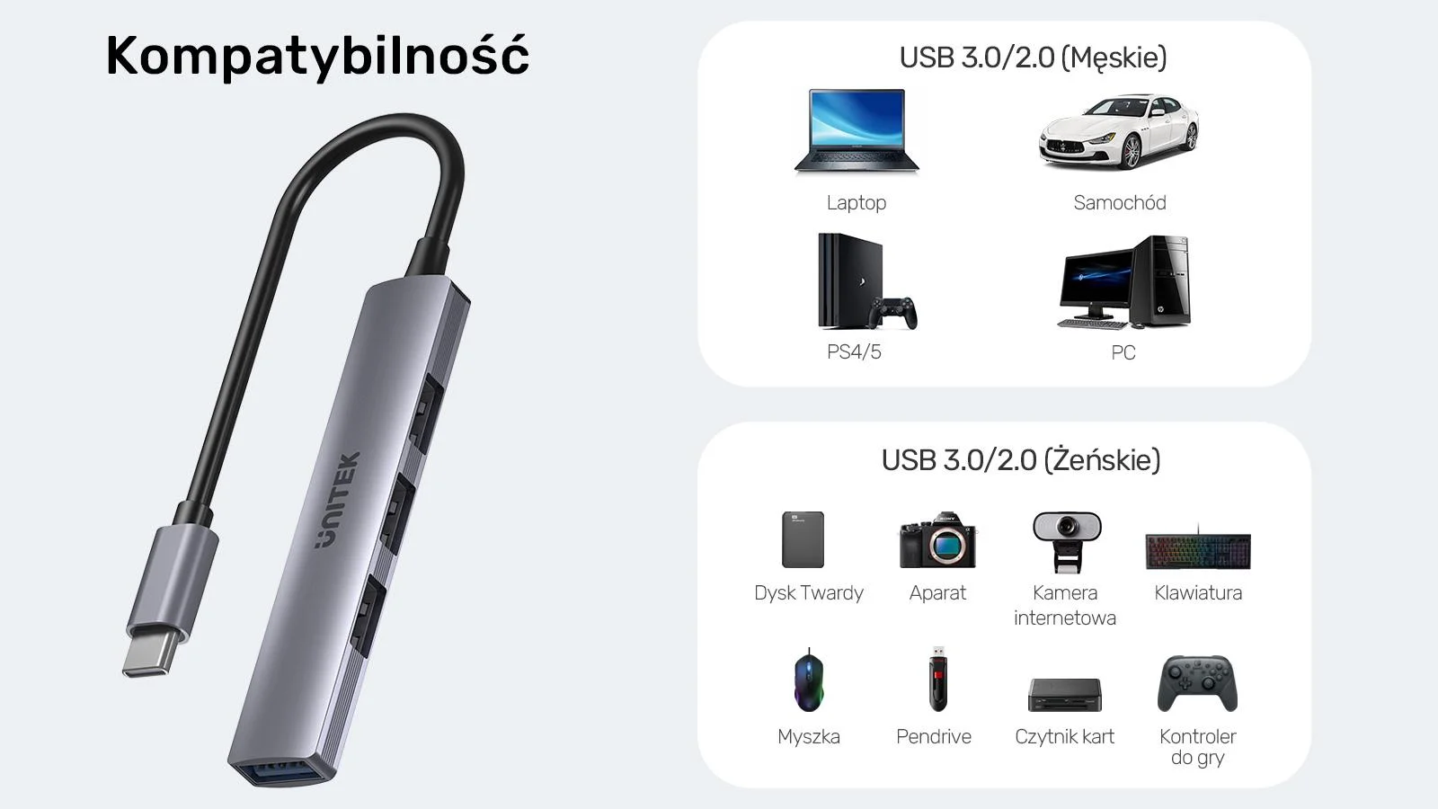 Adapter Unitek H1208B Hub USB-C 1*USB-A 5Gbps, 3*USB-A 2.0