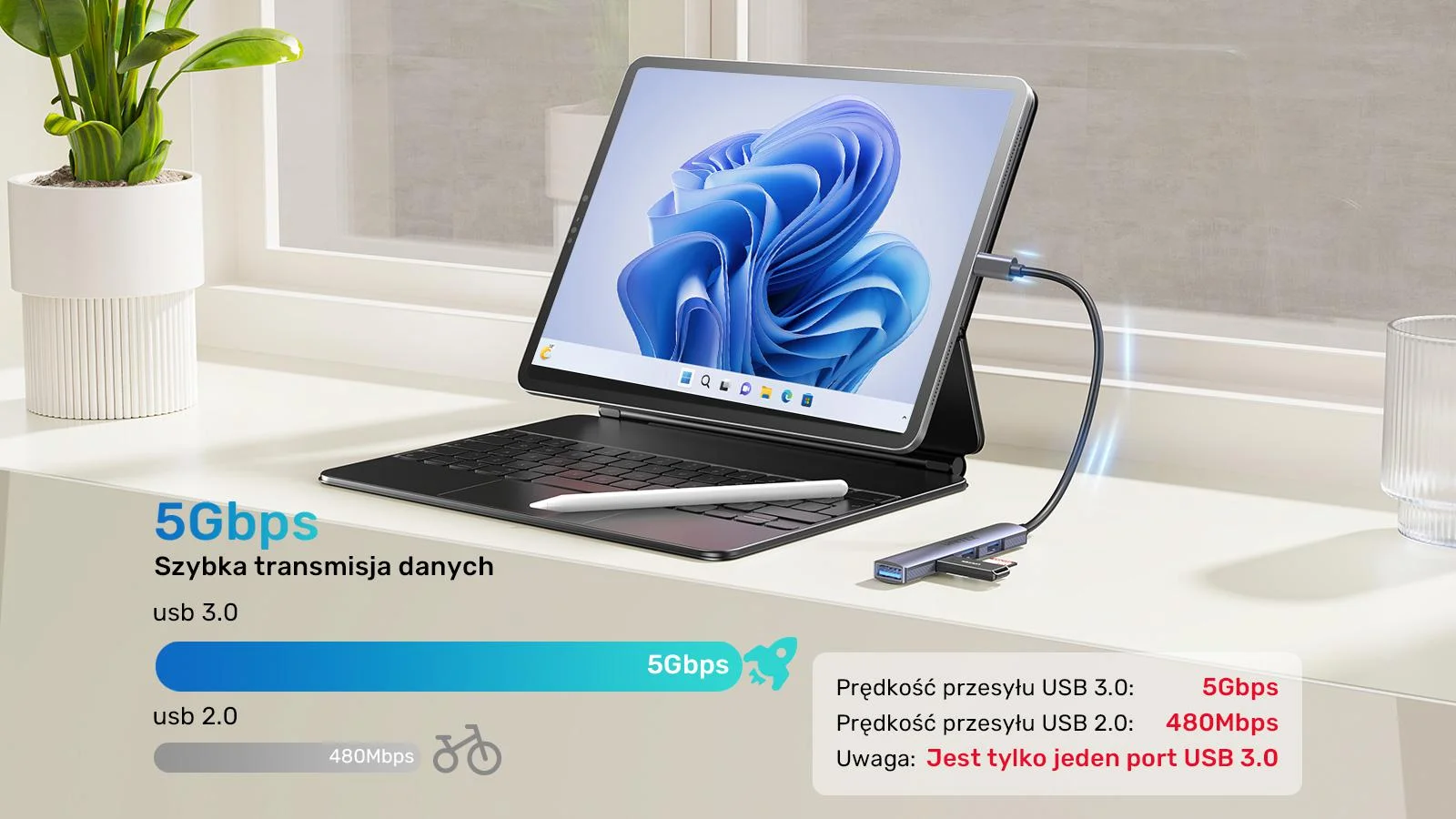 Adapter Unitek H1208B Hub USB-C 1*USB-A 5Gbps, 3*USB-A 2.0