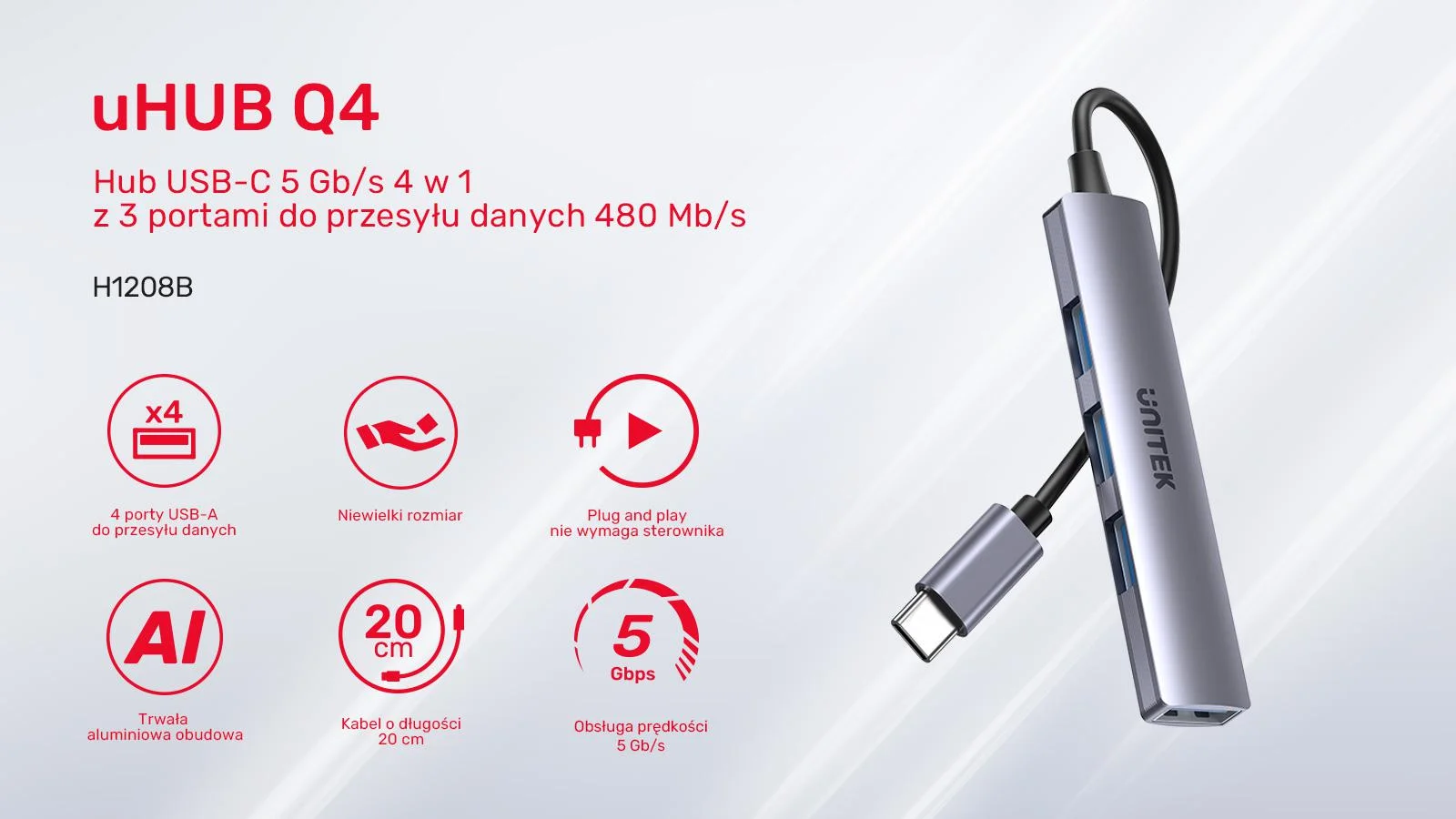 Adapter Unitek H1208B Hub USB-C 1*USB-A 5Gbps, 3*USB-A 2.0