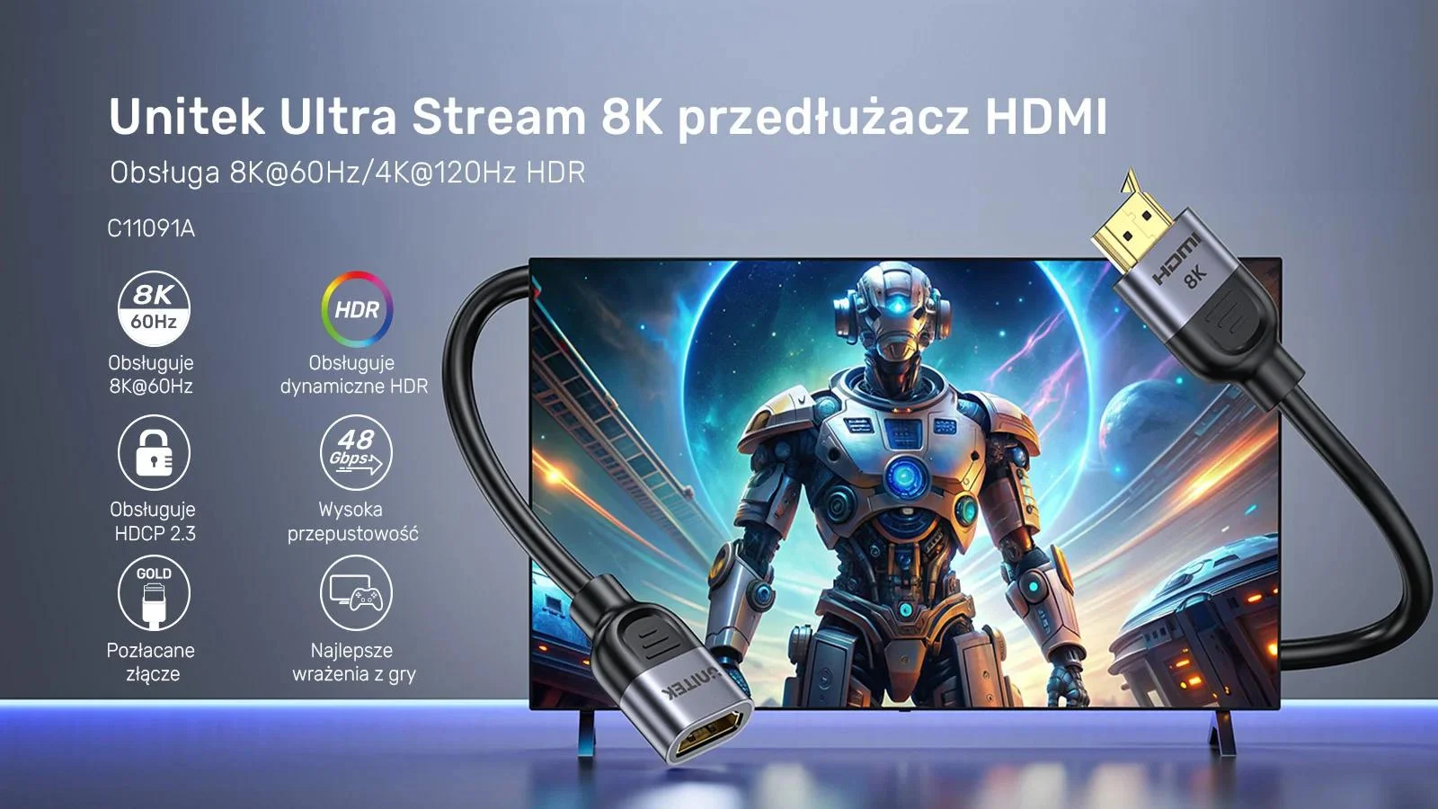 Adapter Unitek przedłużacz HDMI (M) - HDMI (F) 2.1, 8K 0,5m
