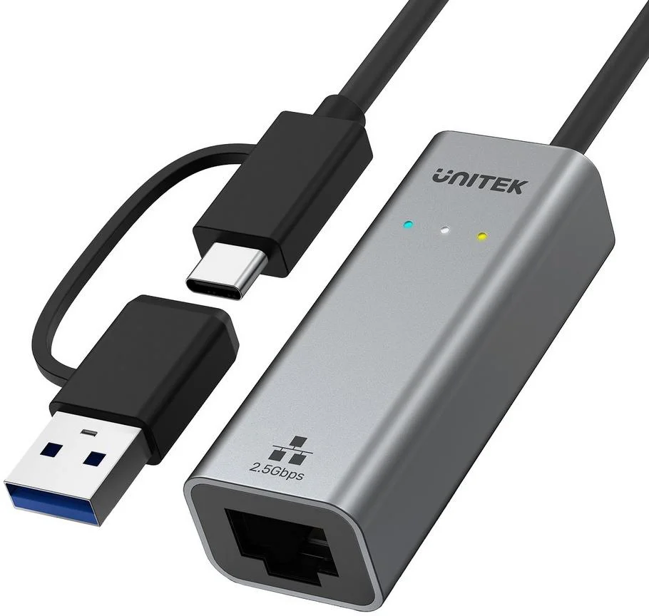 Unitek U1313C adapter USB-A/C na RJ45 2.5 G Ethernet - kompatybilny z każdym popularnym systemem operacyjnym