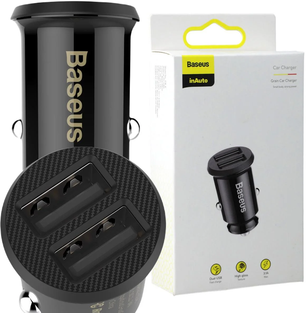 Czarna mini ładowarka samochodowa 2x USB 3.1 A Baseus Grain Car Charger CCALL-ML01 – najważniejsze cechy: