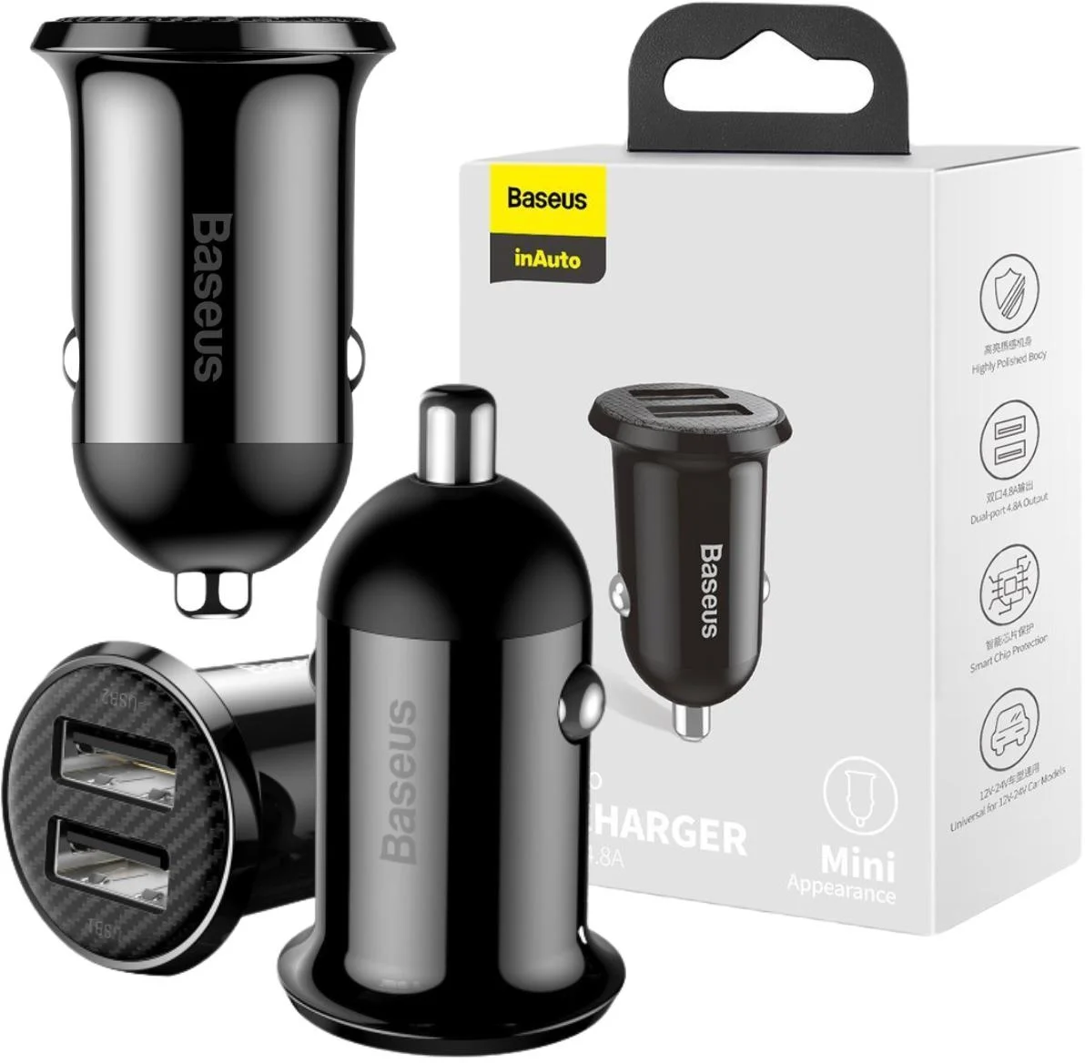 Czarna ładowarka samochodowa 2x USB 4,8 A Baseus Grain Pro CCALLP-01 – najważniejsze cechy:
