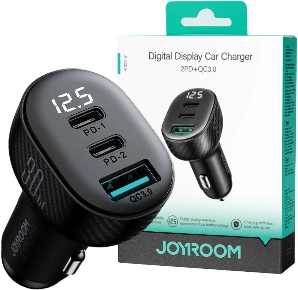 Ładowarka samochodowa z wyświetlaczem 2x USB-C 1x USB-A 30W 4A Joyroom JR-CCD04 - najważniejsze cechy:
