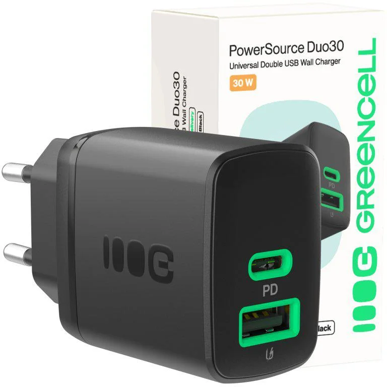 ŁADOWARKA SIECIOWA Greencell PowerSource Duo30 30W 1xUSB-C 1xUSB-A PD 3.0 QC 4.0+ czarna