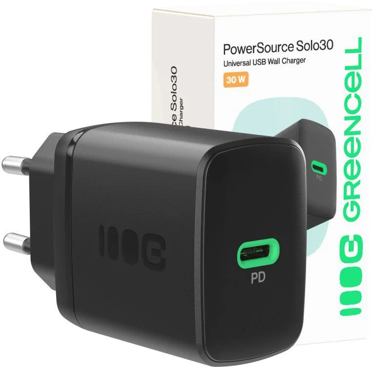 ŁADOWARKA SIECIOWA Greencell PowerSource Solo30 30W 1xUSB-C PD 3.0 QC 4.0+ czarna