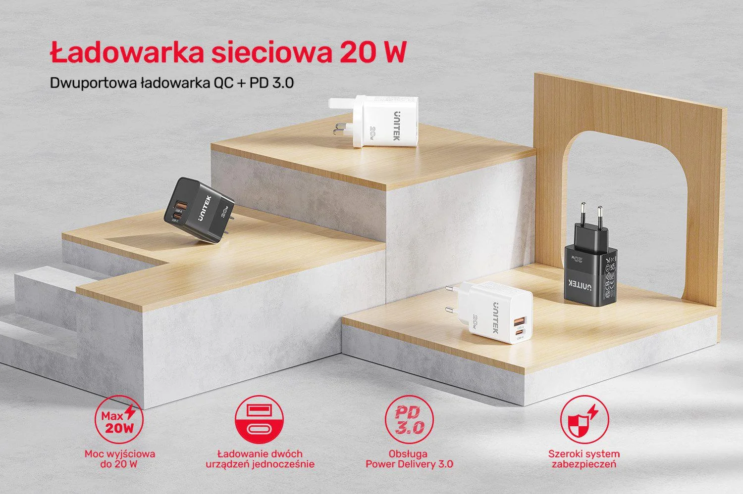 Ładowarka sieciowa Unitek 1x USB-A, 1x USB-C, QC, PC 3.0, 20W, czarna