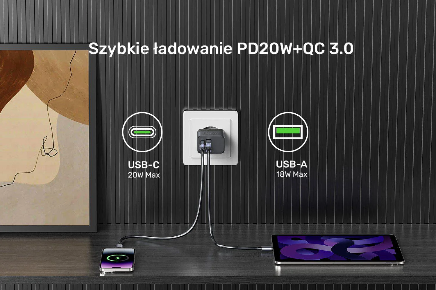 Ładowarka sieciowa Unitek 1x USB-A, 1x USB-C, QC, PC 3.0, 20W, czarna