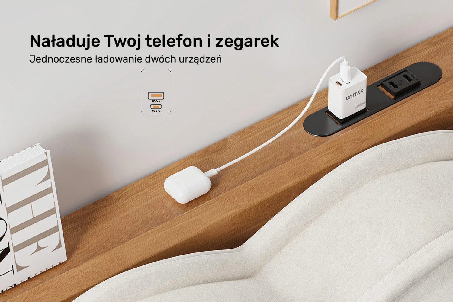 Ładowarka sieciowa Unitek 1x USB-A, 1x USB-C, QC, PC 3.0, 20W, czarna