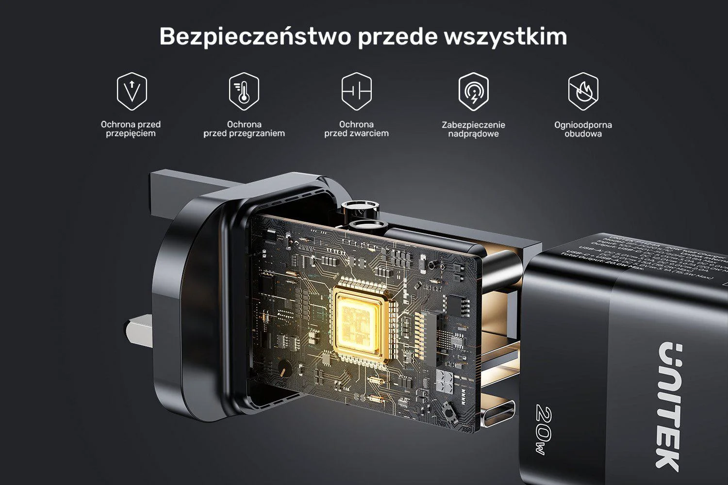 Ładowarka sieciowa Unitek 1x USB-A, 1x USB-C, QC, PC 3.0, 20W, czarna