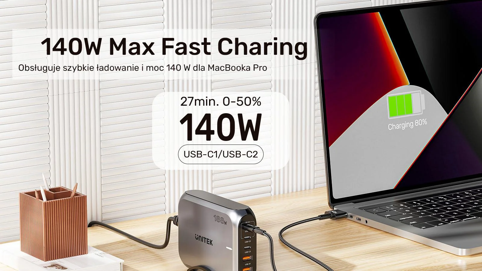 Ładowarka sieciowa Unitek 2xUSB-A 3xUSB-C GAN 188W
