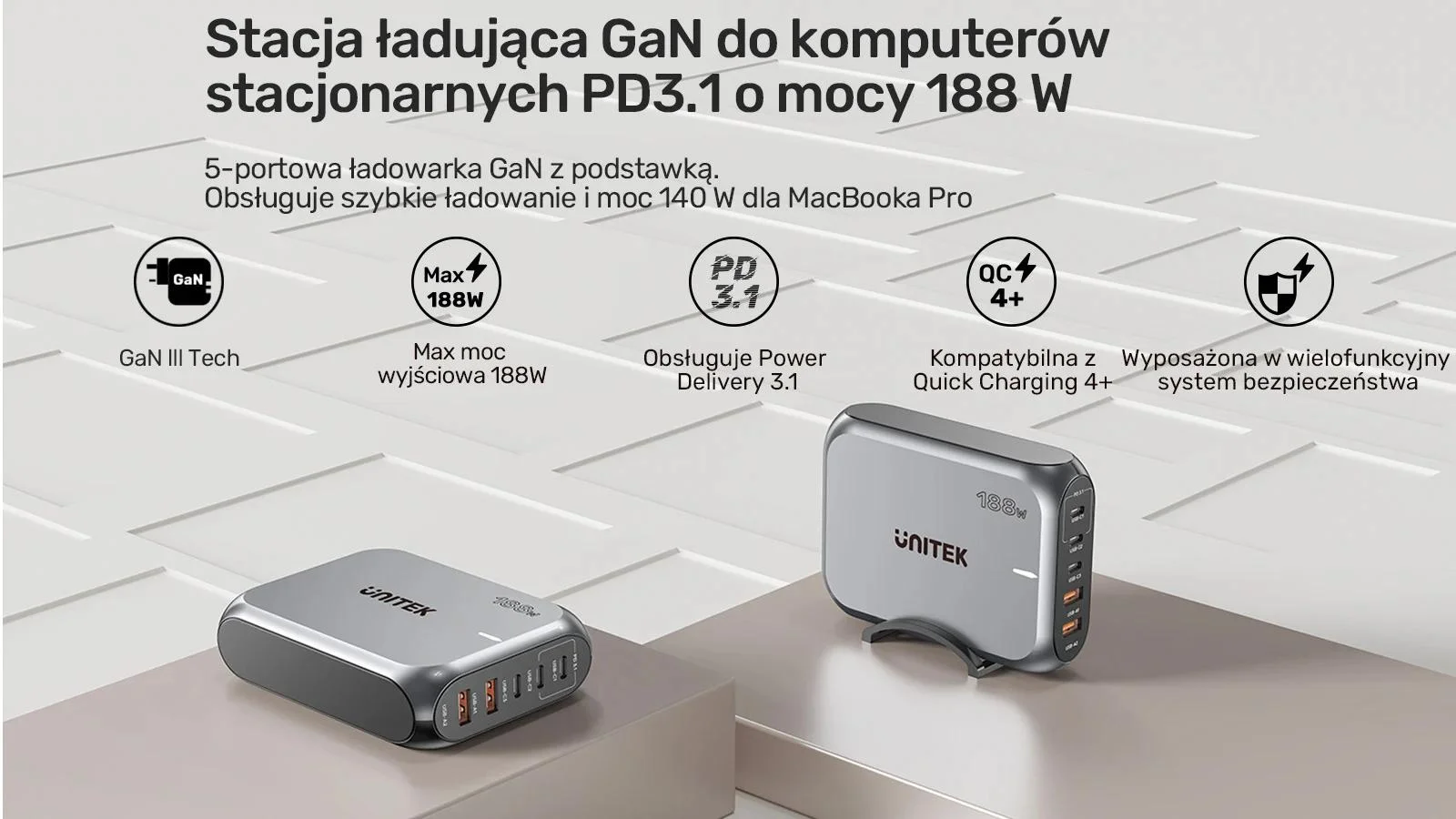 Ładowarka sieciowa Unitek 2xUSB-A 3xUSB-C GAN 188W