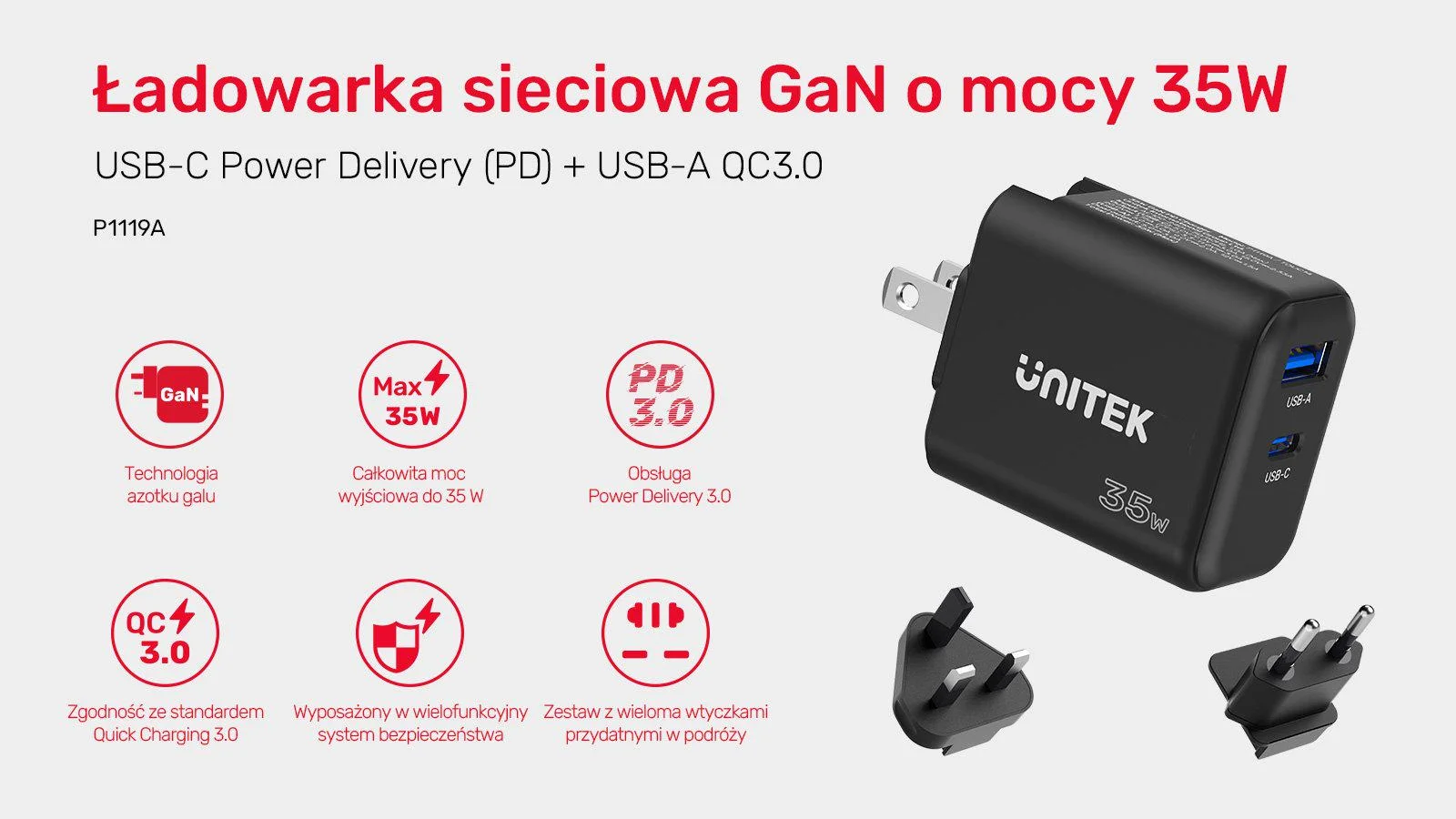 Ładowarka sieciowa Unitek GaN PD 35W USB-C + USB-A czarna