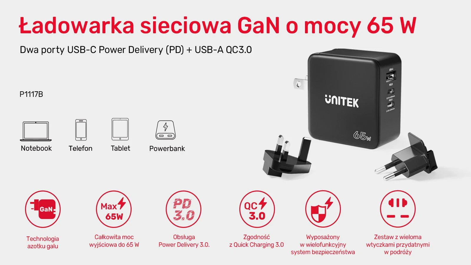 Ładowarka sieciowa Unitek GaN, PD 65W, podróżna, 3 porty