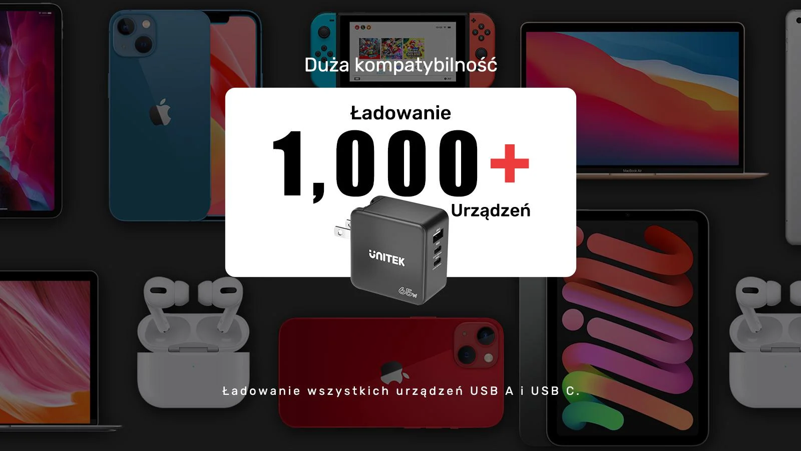 Ładowarka sieciowa Unitek GaN, PD 65W, podróżna, 3 porty