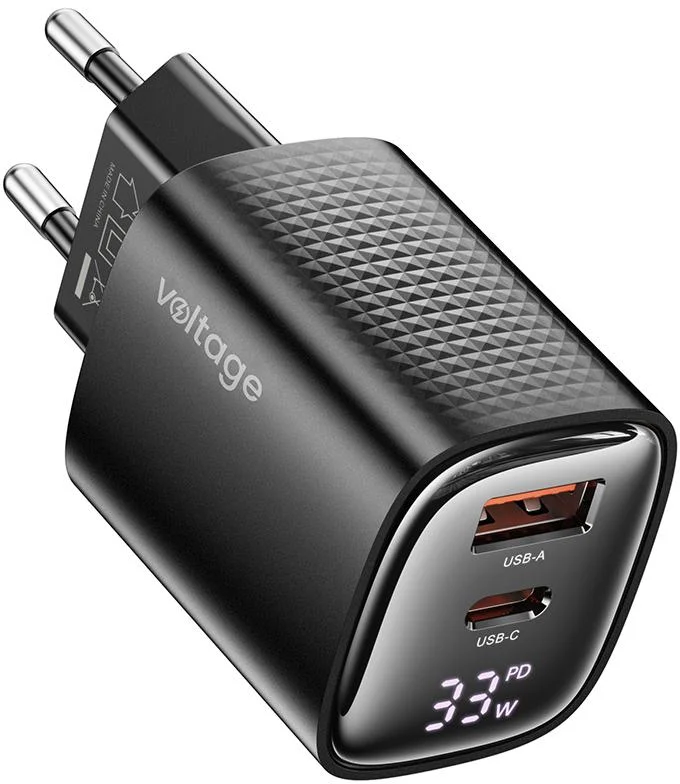 Ładowarka sieciowa Voltage GaN Charger Mini 33W PD 3.0 QC 3.0 USB-A USB-C Digital Display czarna – najważniejsze cechy: