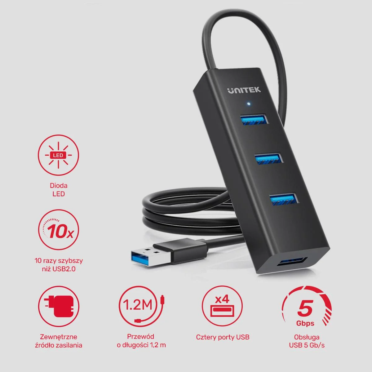 Aktywny hub USB Unitek 4w1 5Gbps z zasilaniem przez USB-C