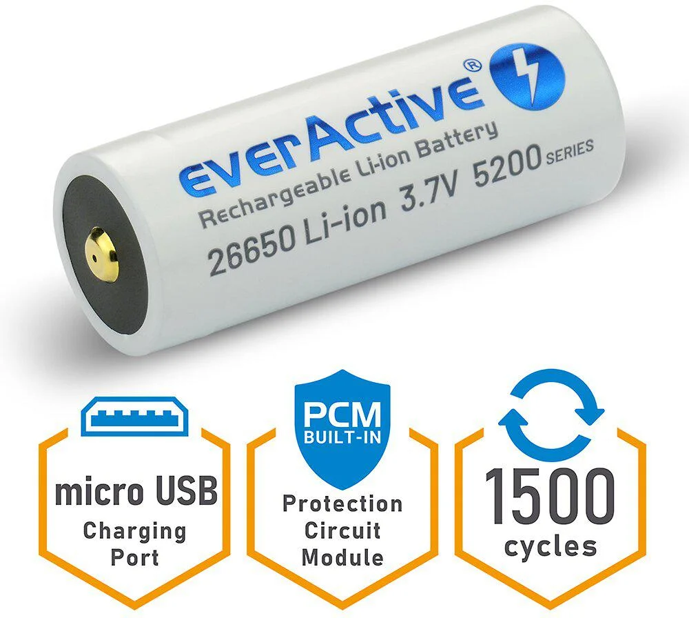 Akumulator 26650 Li-Ion 3,7V everActive 5200mAh micro USB (1 szt.) z zabezpieczeniem