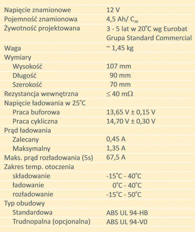 Akumulator AGM TECHNOCELL serii TC 12V 4,5Ah - DANE TEHCNICZNE: