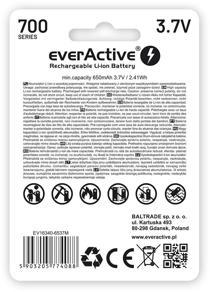 Akumulatorek 16340 / R-CR123 3,7V everActive 700mAh (1 szt.) z zabezpieczeniem