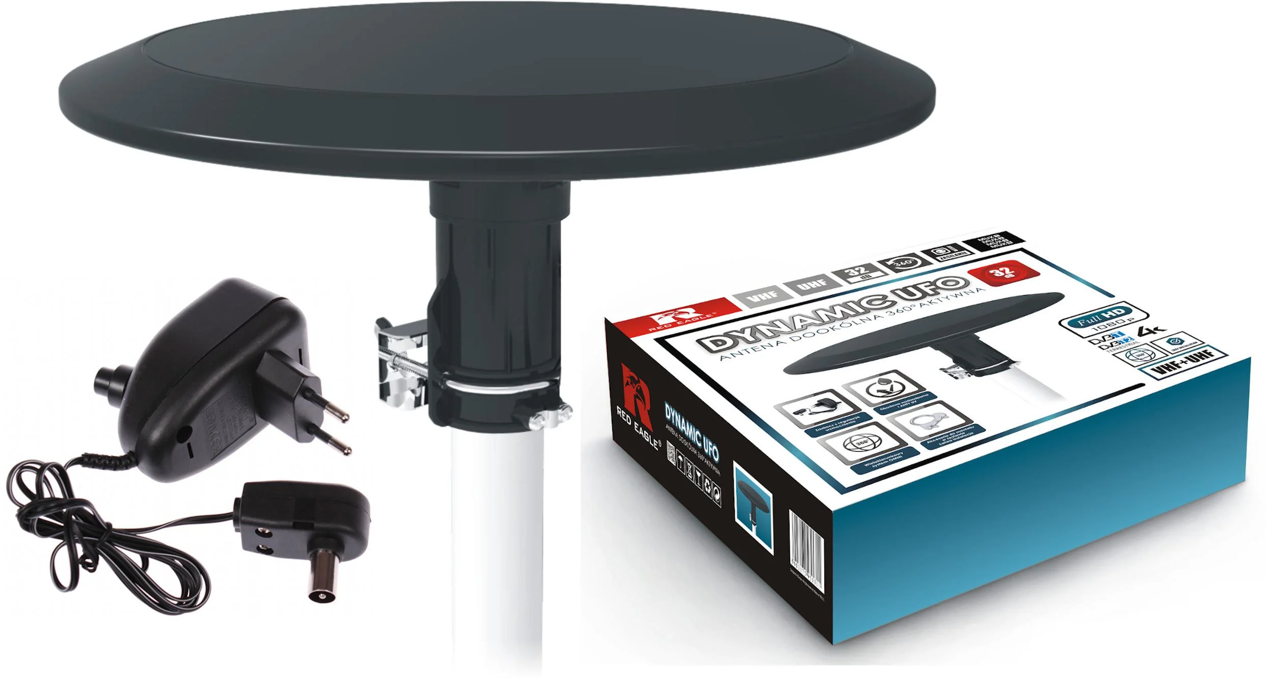 Antena DVB-T/T2 aktywna dookólna RED EAGLE Dynamic UFO - najważniejsze cechy: