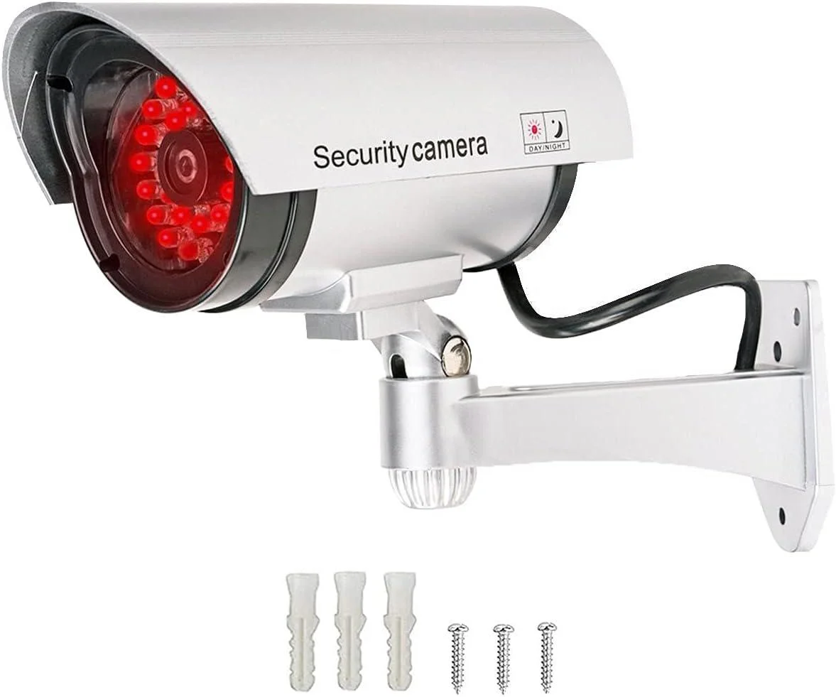 Srebrna atrapa kamery tubowej AT-2B-S z 30 migającymi diodami LED