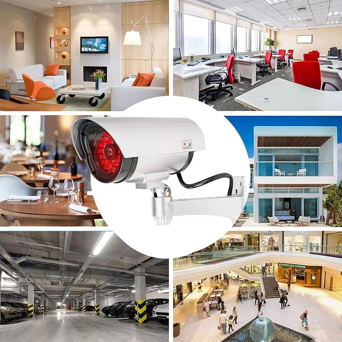 Srebrna atrapa kamery tubowej AT-2B-S do użytku zarówno wewnątrz, jak i na zewnątrz pomieszczeń