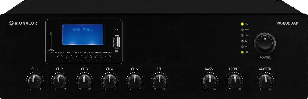 Cyfrowy wzmacniacz miksujący PA, mono, 60W RMS, z wbudowanym odtwarzaczem MP3, tunerem FM/DAB+ oraz interfejsem Bluetooth.