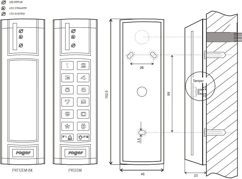 Czytnik zbliżeniowy Roger PRT12EM-BK-G - schemat