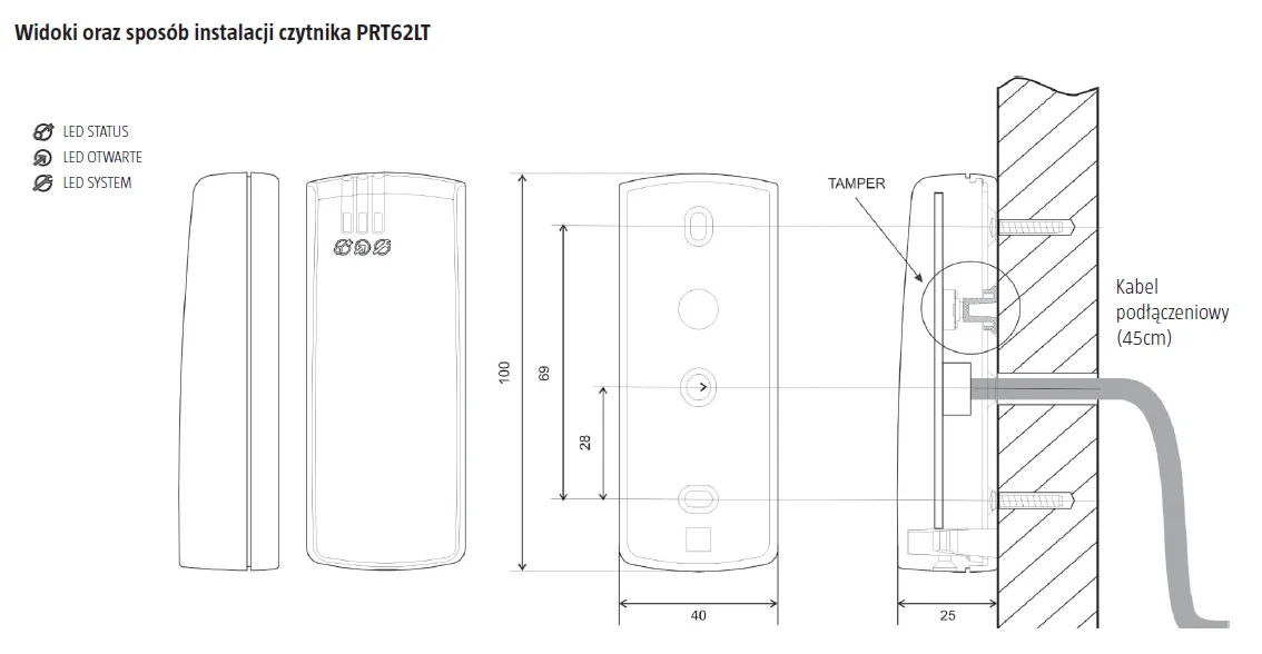 Czytnik zbliżeniowy Roger PRT62LT-G - schemat