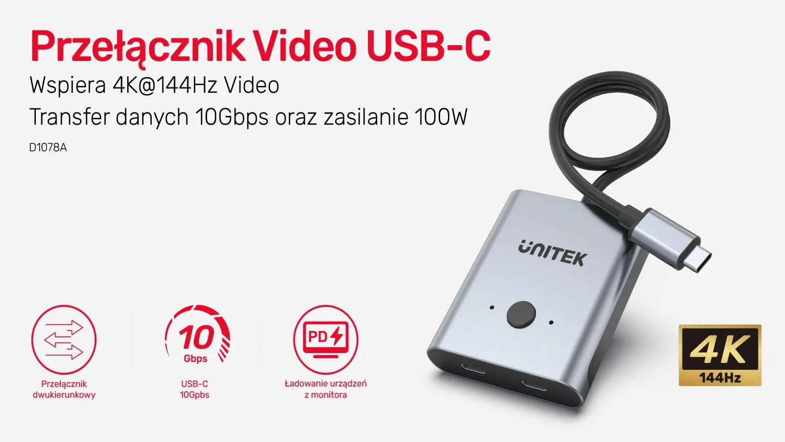 D1078A Unitek Dwukierunkowy przełącznik USB-C 4K