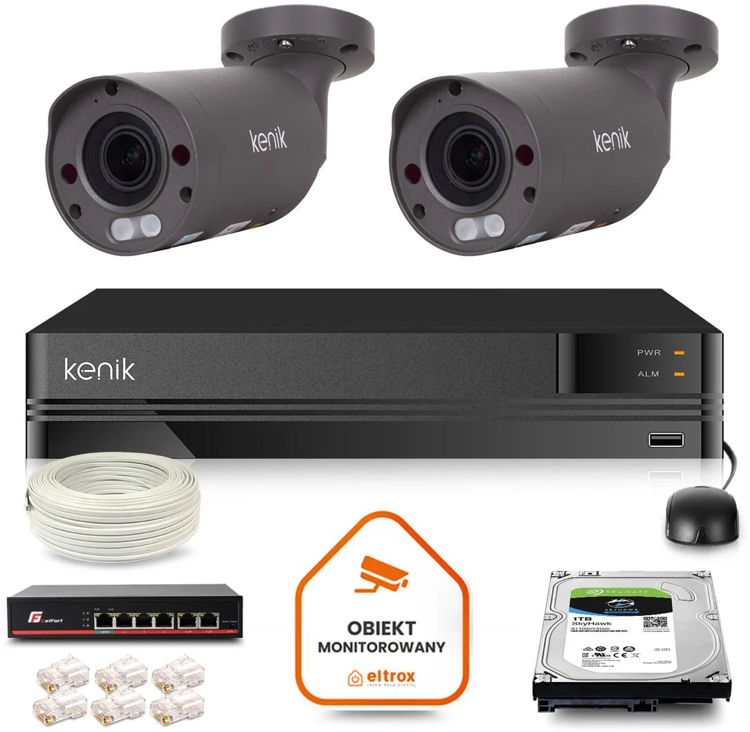 Zestaw monitoringu IP Kenik 2 kamery tubowe 5MPx IR 60m dysk 1TB