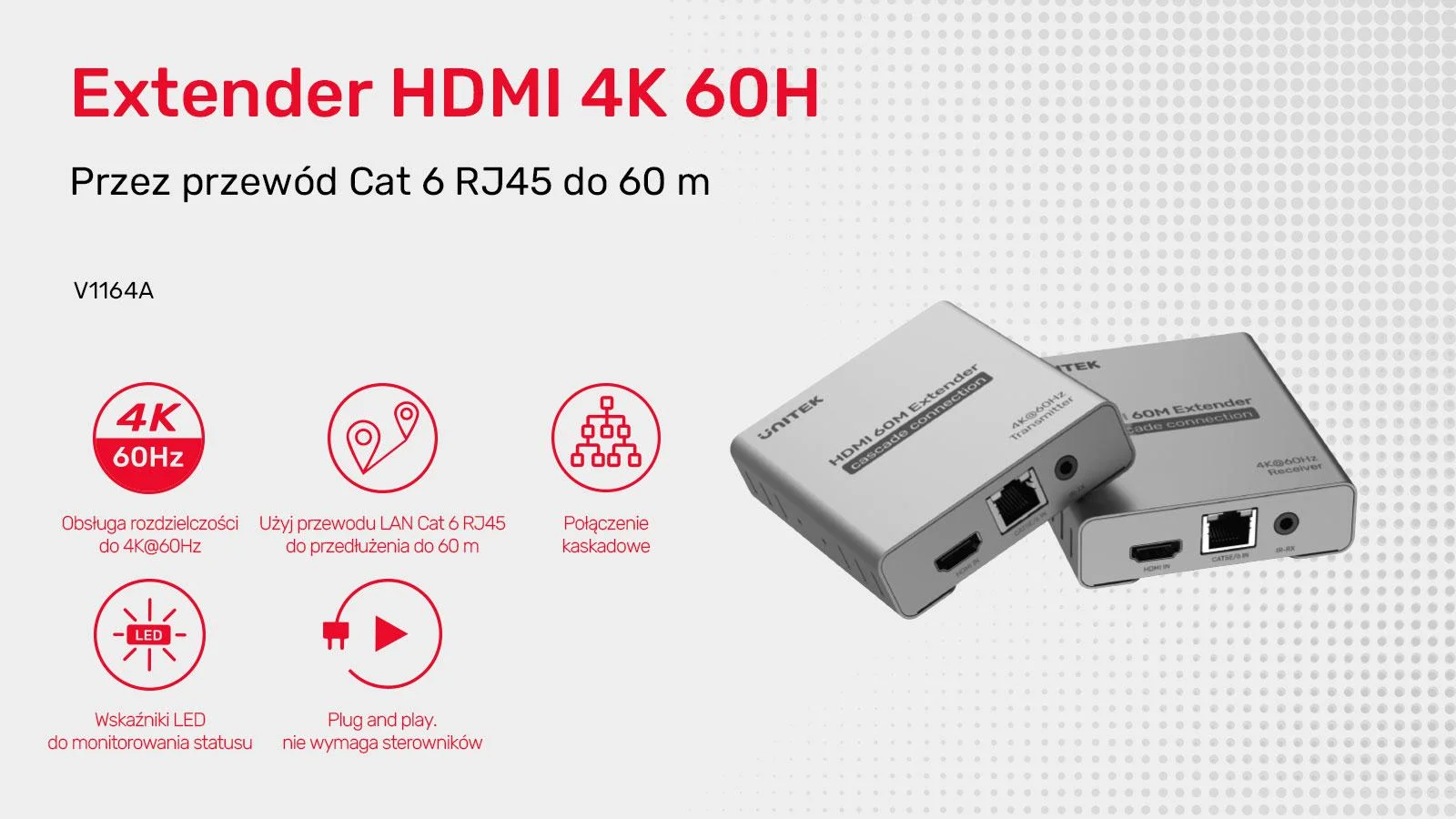 Extender HDMI Unitek V1164A 2.0 4K przez Ethernet do 60m