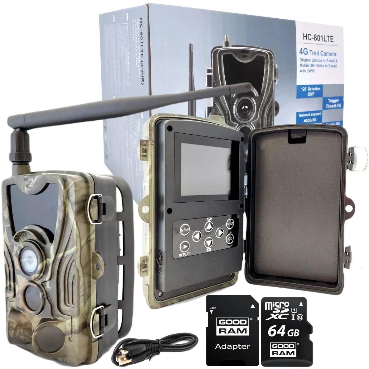 Zestaw kamera leśna leśna fotopułapka HC801 Pro 4G LTE + karta pamięci micoSD GOODRAM CL10 64GB - najważniejsze cechy: