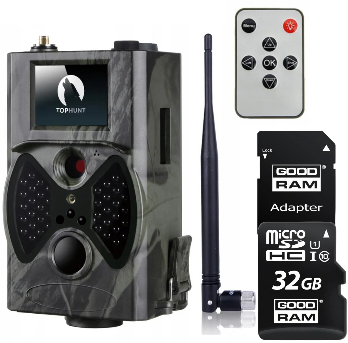 Zestaw fotopułapka kamera leśna Top-Hunt GSM HC-300M 40xIR 940nm z czujnikiem ruchu + karta pamięci microSD GOODRAM UHS1 CL10 32GB + adapter - najważniejsze cechy zestawu: