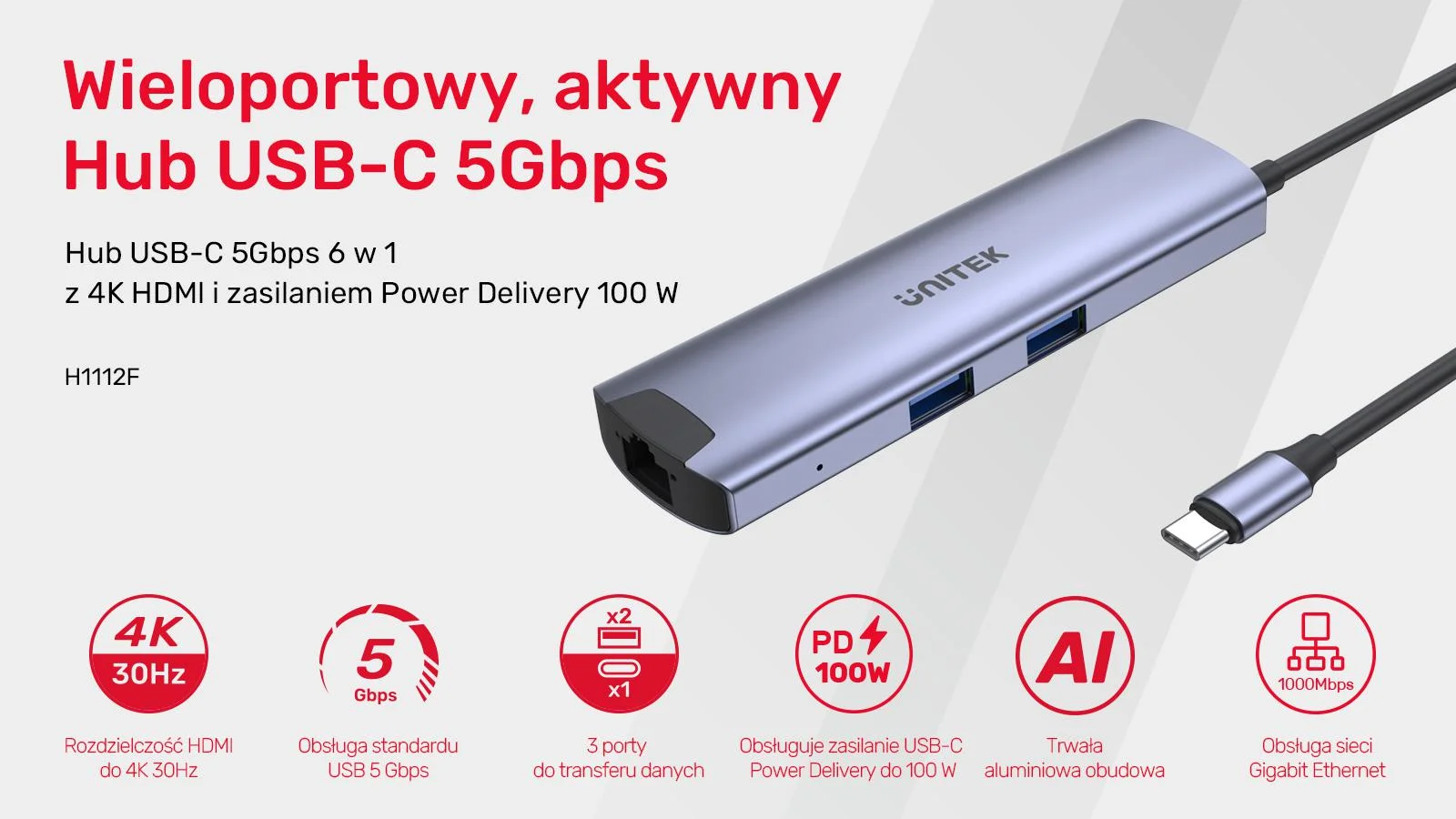 H1112F Unitek Aktywny Hub USB-C 5Gbps, HDMI RJ-45 PD 100W