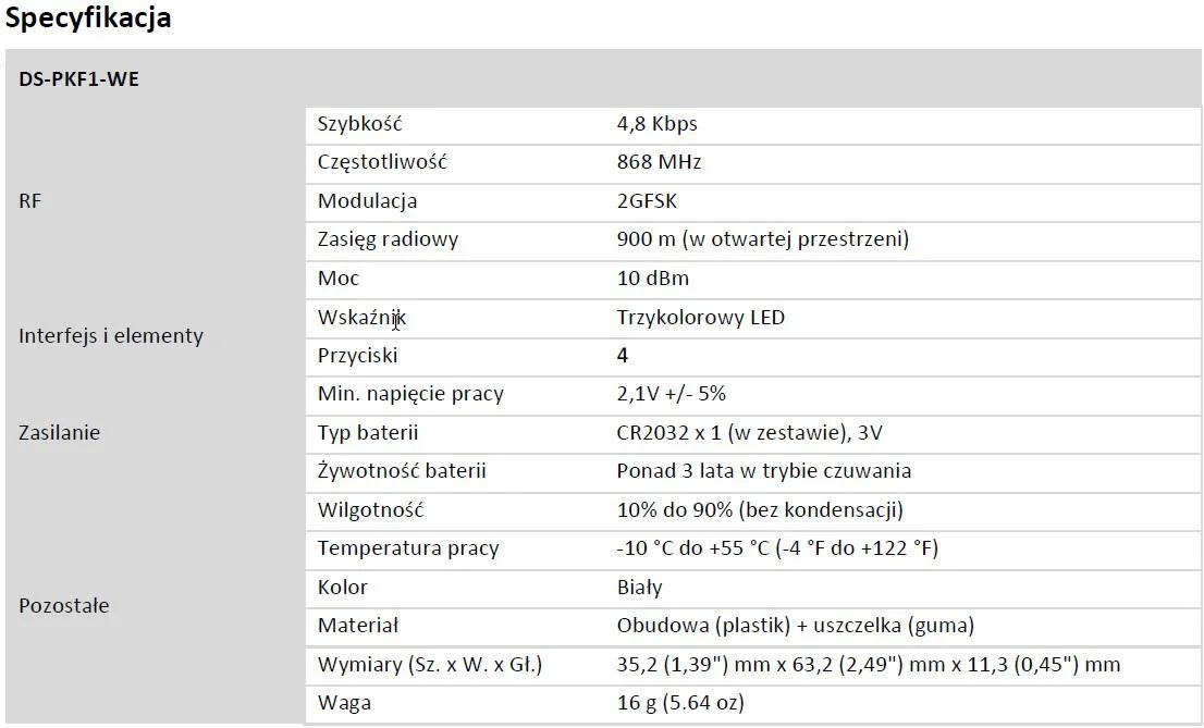 HIKVISION Pilot sterowania systemem alarmowym AX PRO DS-PKF1-WE