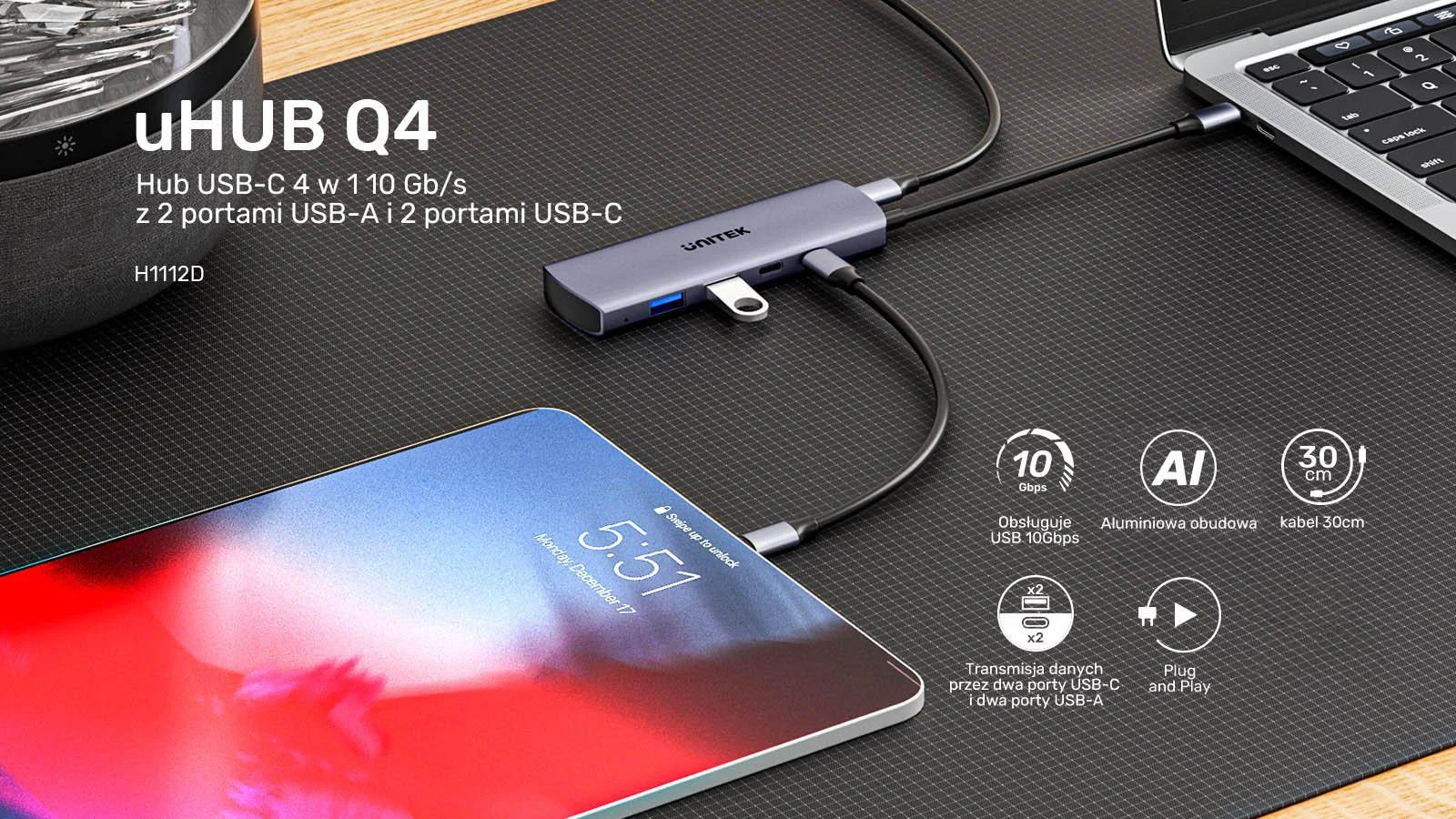 Hub USB-C Unitek Hub 4w1 USB-C 10 Gbps, 2x USB-A i 2x USB-C