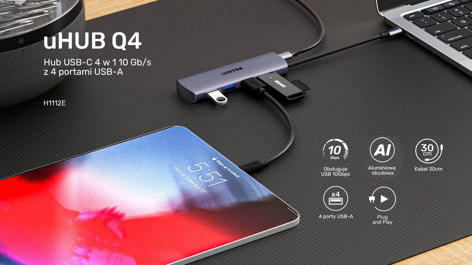 Hub USB-C Unitek Hub 4w1 USB-C 10 Gbps, 4x USB-A