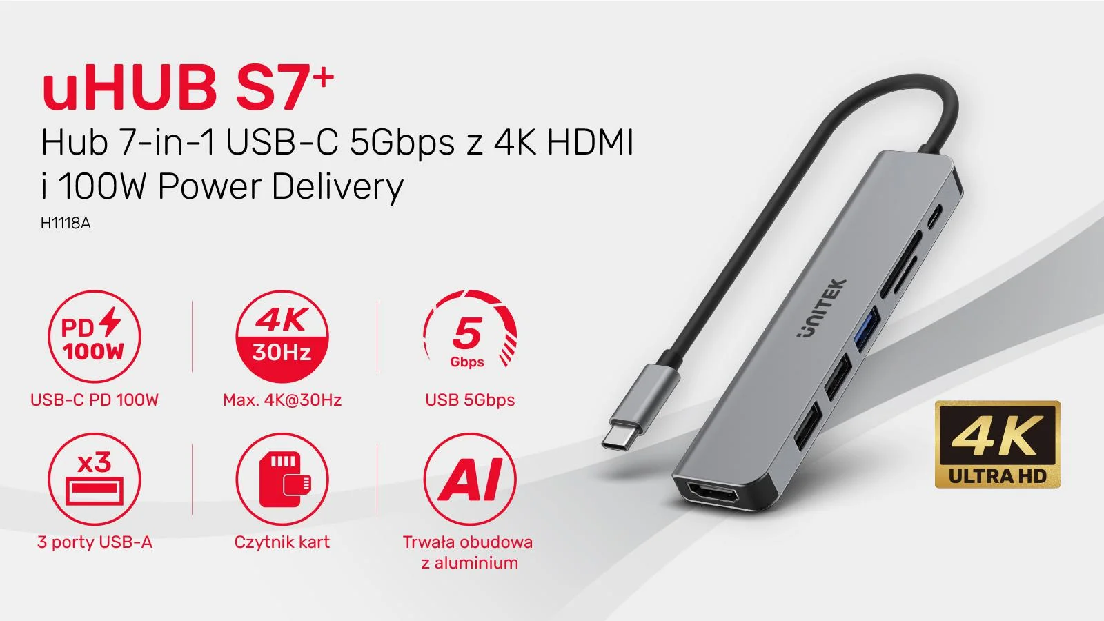 Hub USB Unitek USB-C aluminium 7w1