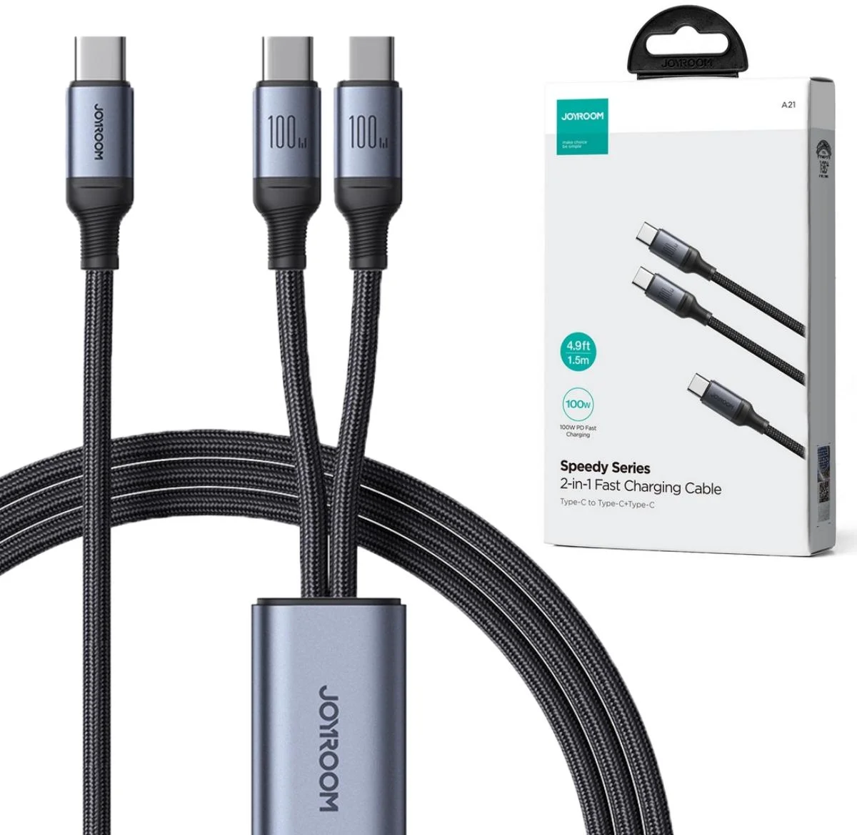 Kabel 2w1 w oplocie USB-C / 2x USB-C 150cm 100W Joyroom Speedy SA21-1T2 - najważniejsze cechy: