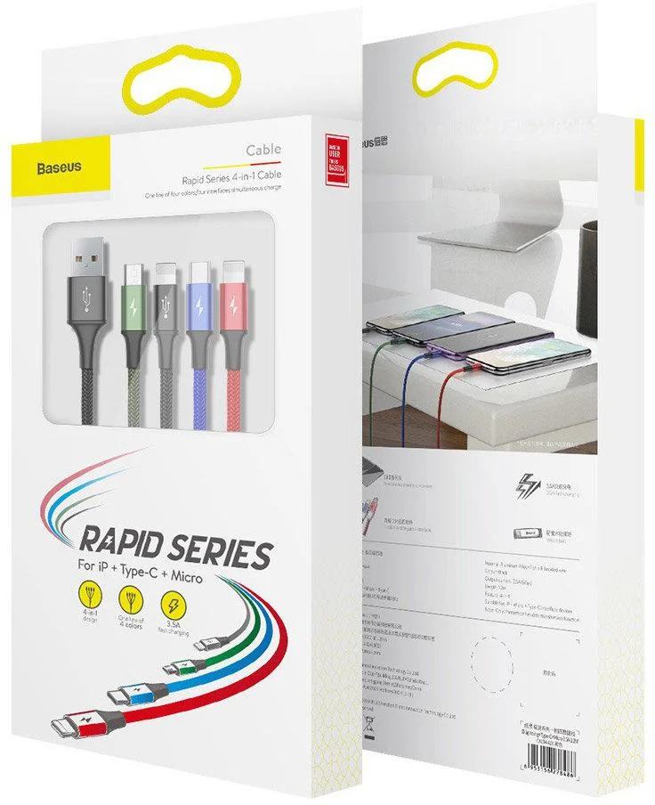 Baseus Cafule CA1T4-B01 kabel USB 4w1 Lightning / 2x USB Typ C / micro USB w nylonowym oplocie 3.5 A 1.2 m – specyfikacja i dane techniczne: