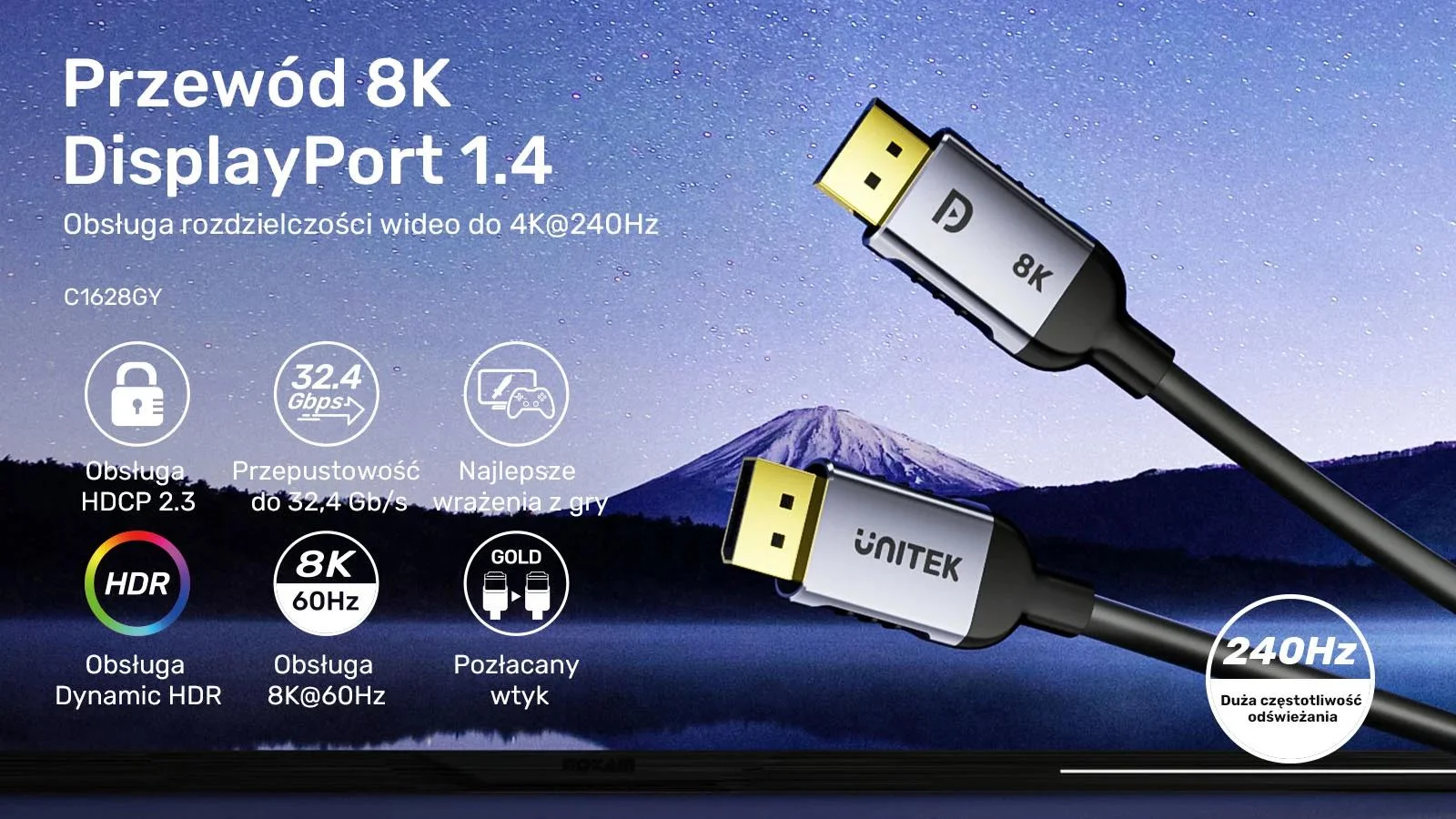 Kabel DisplayPort Unitek 1.4 8k 60hz, 4k 240hz, HDR, HDCP 2.3, DSC 1.2, 1,5m