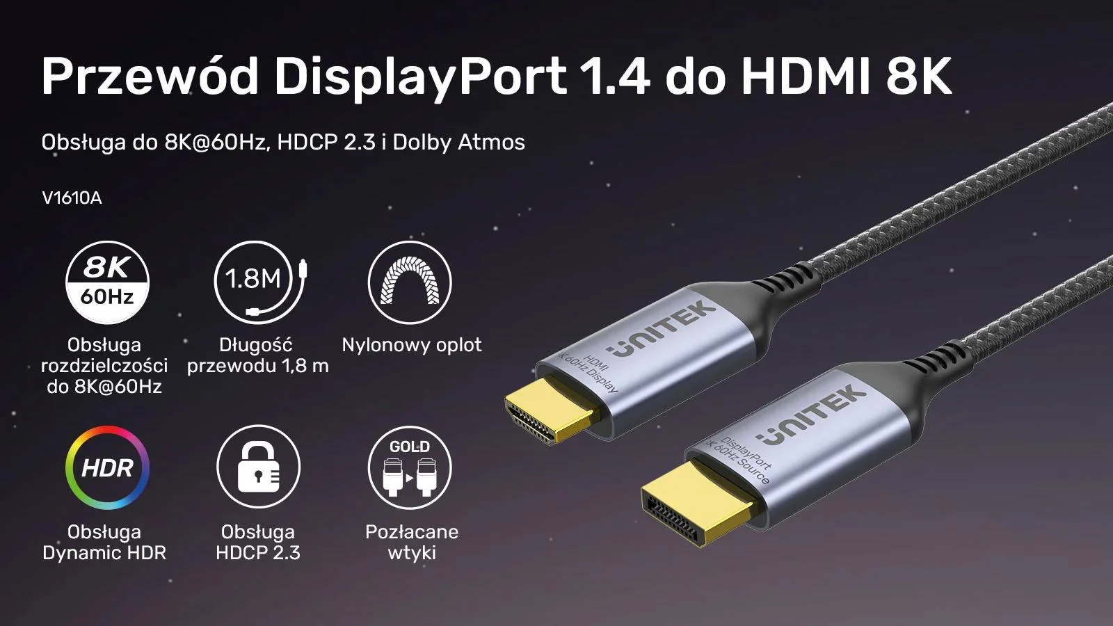 Kabel DisplayPort Unitek 1.4 do HDMI 2.1, 8K, 1,8m