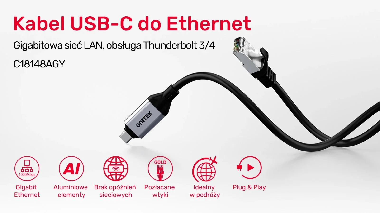 Kabel Ethernet USB C RJ-45 LAN przewód sieciowy 1m