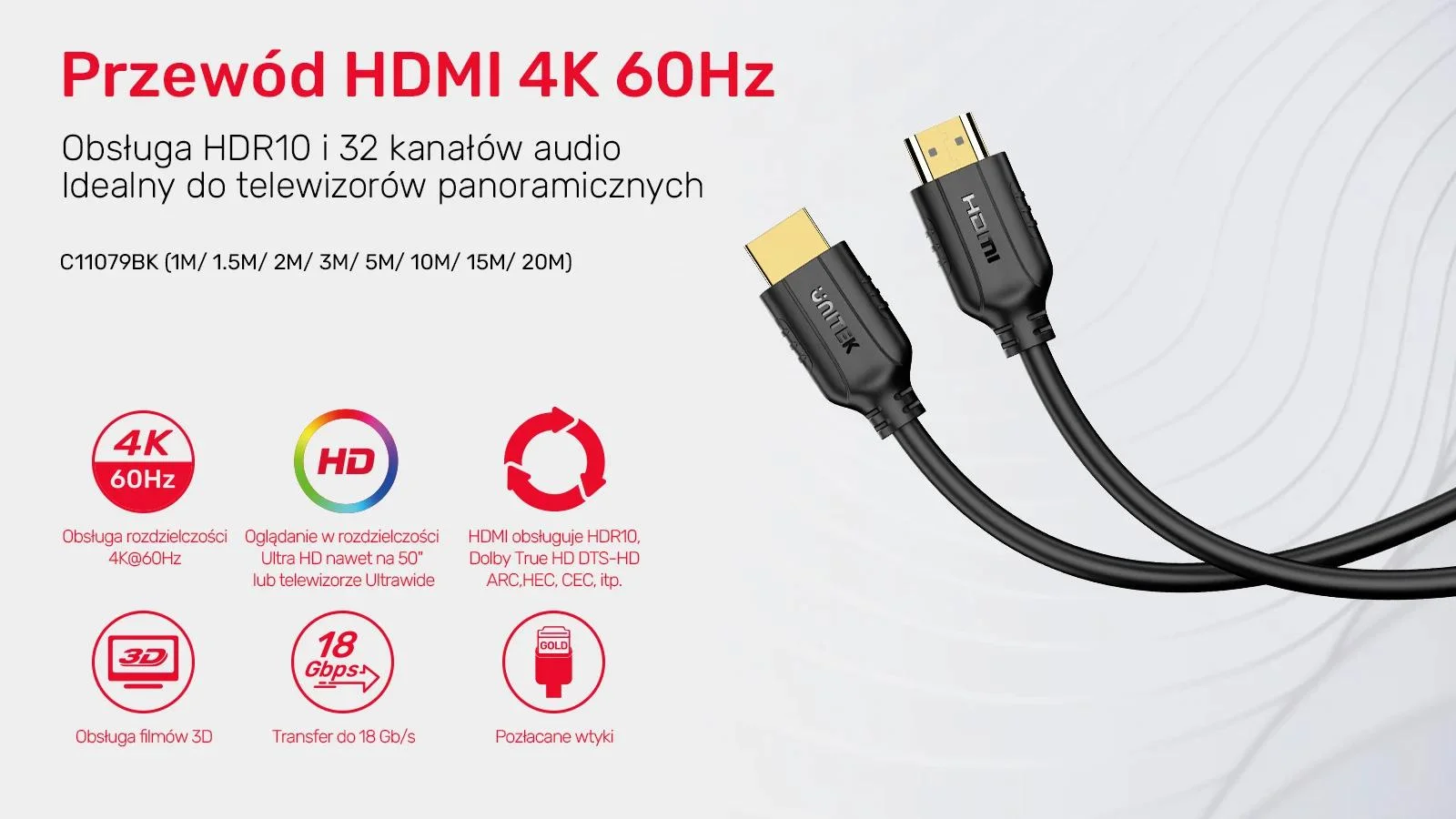 Kabel HDMI Unitek 2.0 4K 60Hz 10m