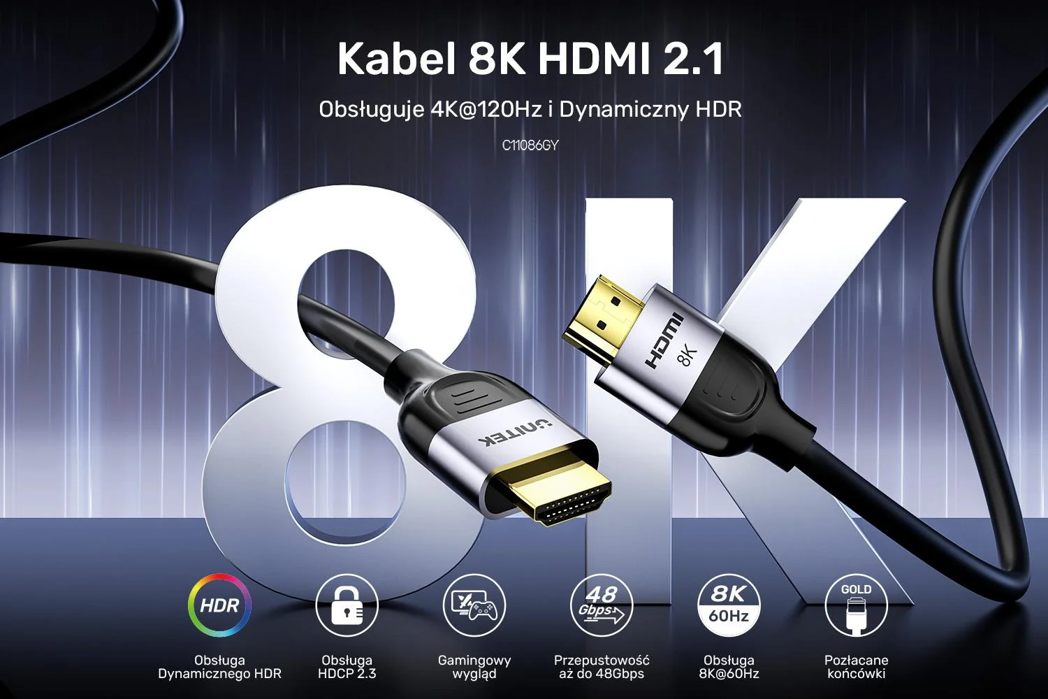 Kabel HDMI Unitek 2.1 8K 60Hz, czarny, 1,5m